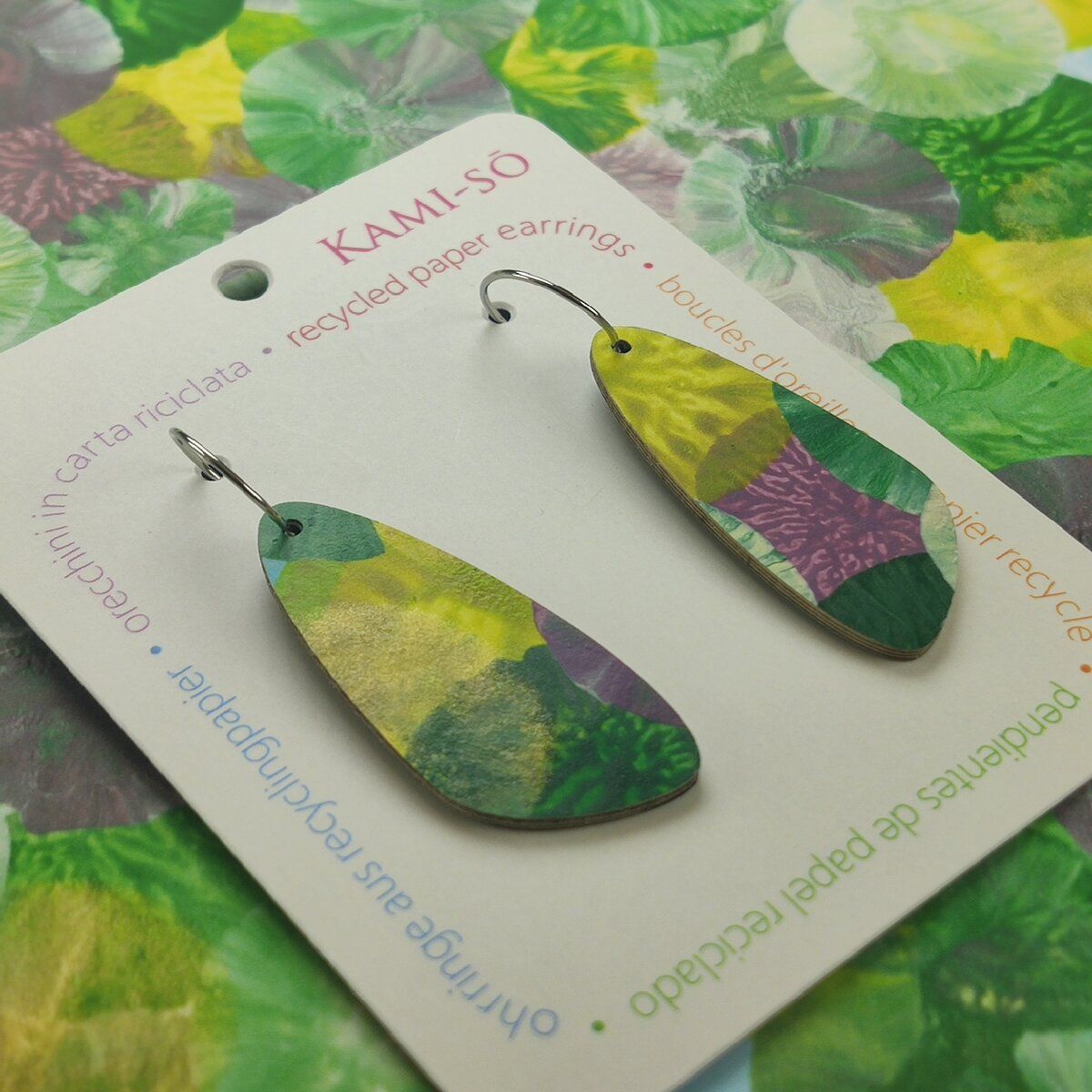 Oval Recycled Paper Earrings - Green, Plum, Blue & Gold