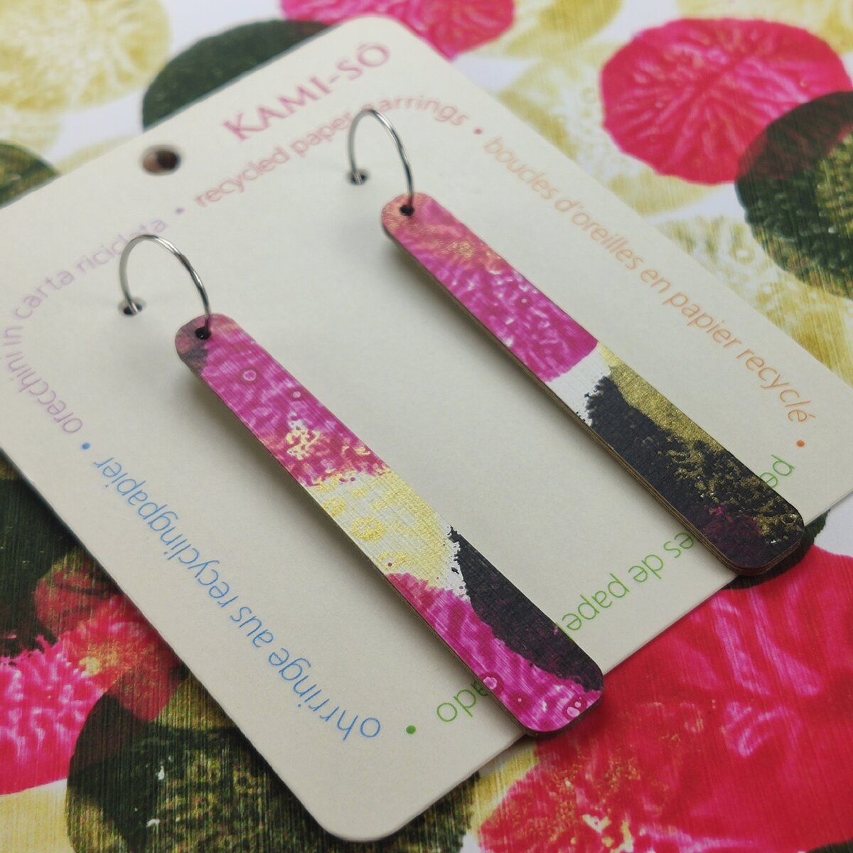 Paddle Recycled Paper Earrings - Black, Gold & Magenta