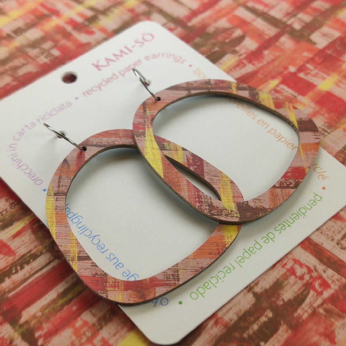 Square Recycled Paper Earrings - Brown, Maroon, Orange & Yellow