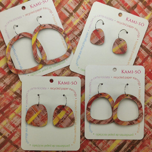 Square Recycled Paper Earrings - Brown, Maroon, Orange & Yellow