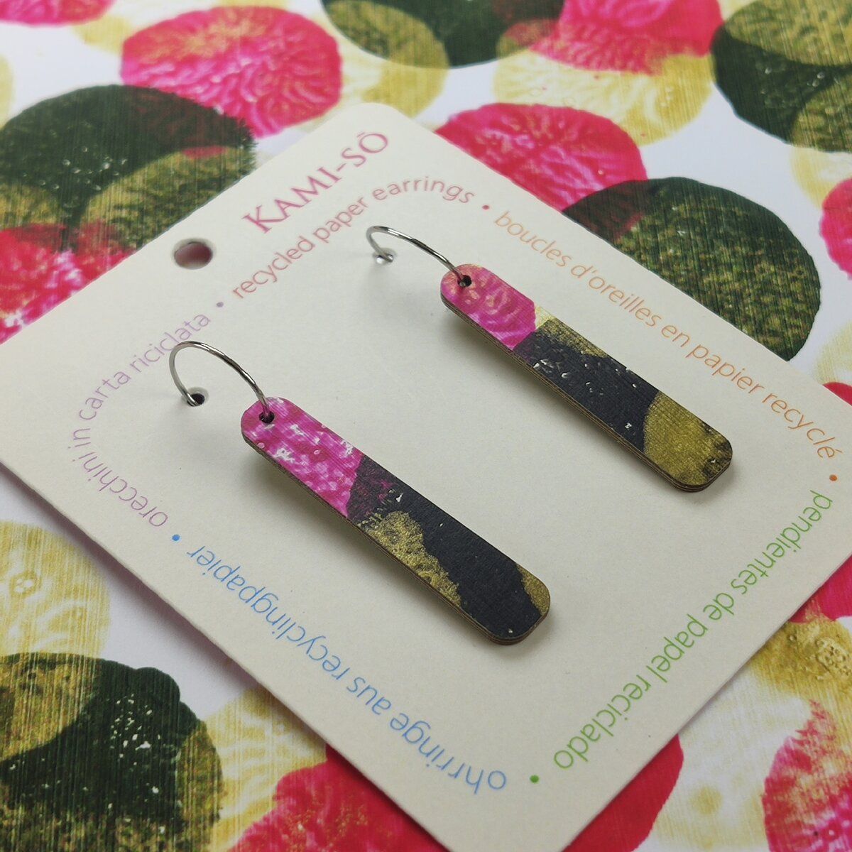 Paddle Recycled Paper Earrings - Black, Gold & Magenta