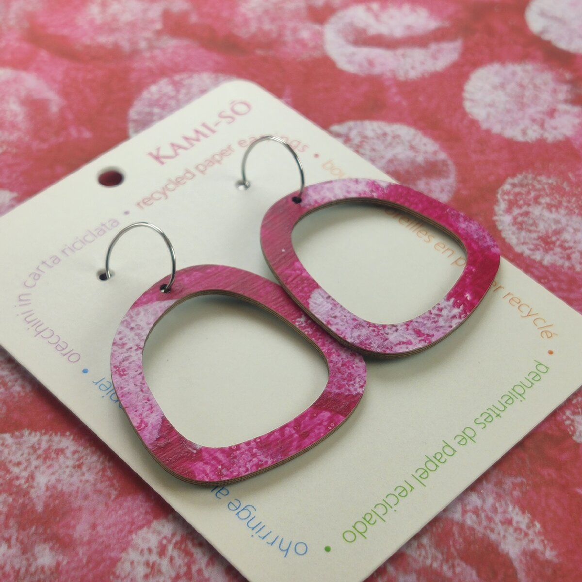 Square Recycled Paper Earrings - Magenta & White
