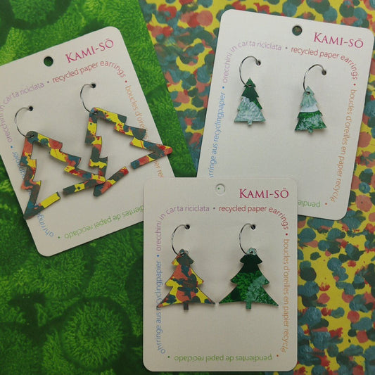 Christmas Tree Recycled Paper Earrings - Green / Yellow, Blue & Red