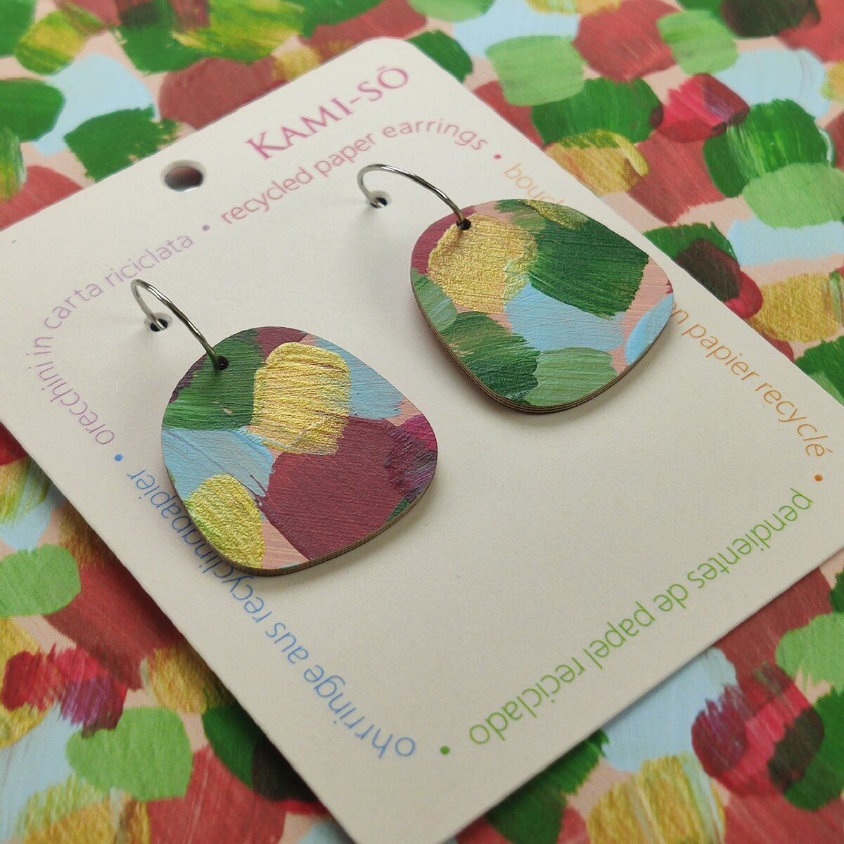 Square Recycled Paper Earrings - Plum, Blue, Green & Gold