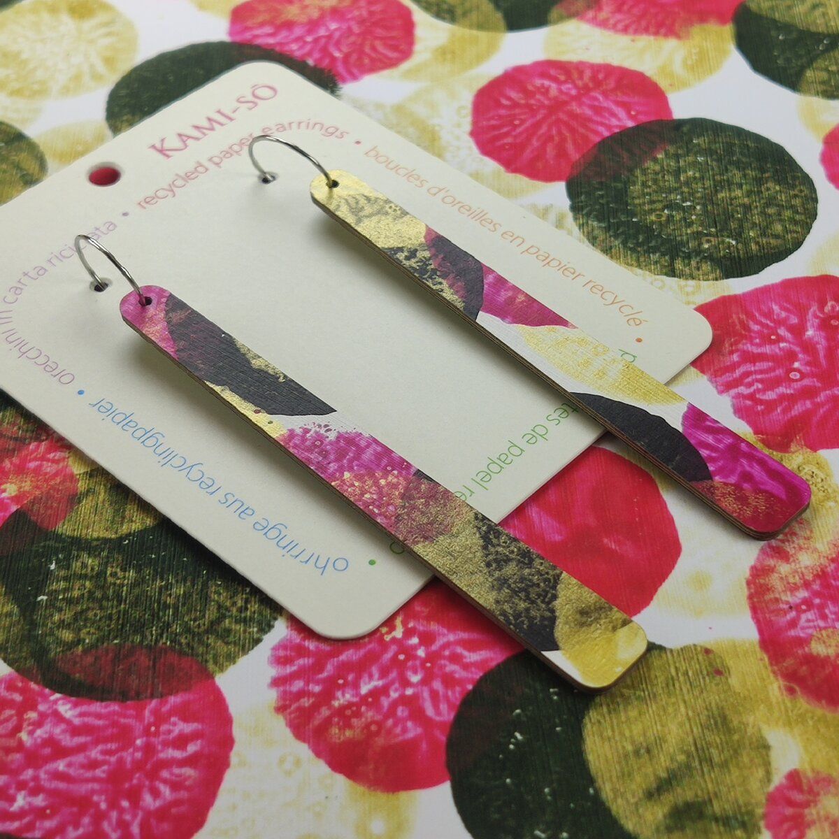 Paddle Recycled Paper Earrings - Black, Gold & Magenta