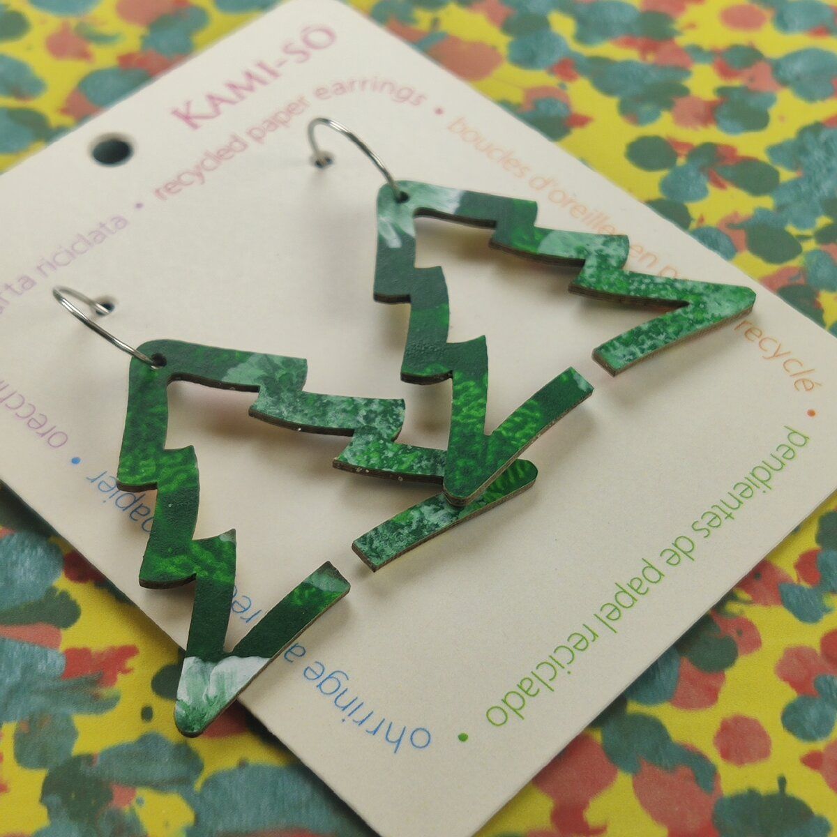 Christmas Tree Recycled Paper Earrings - Green / Yellow, Blue & Red