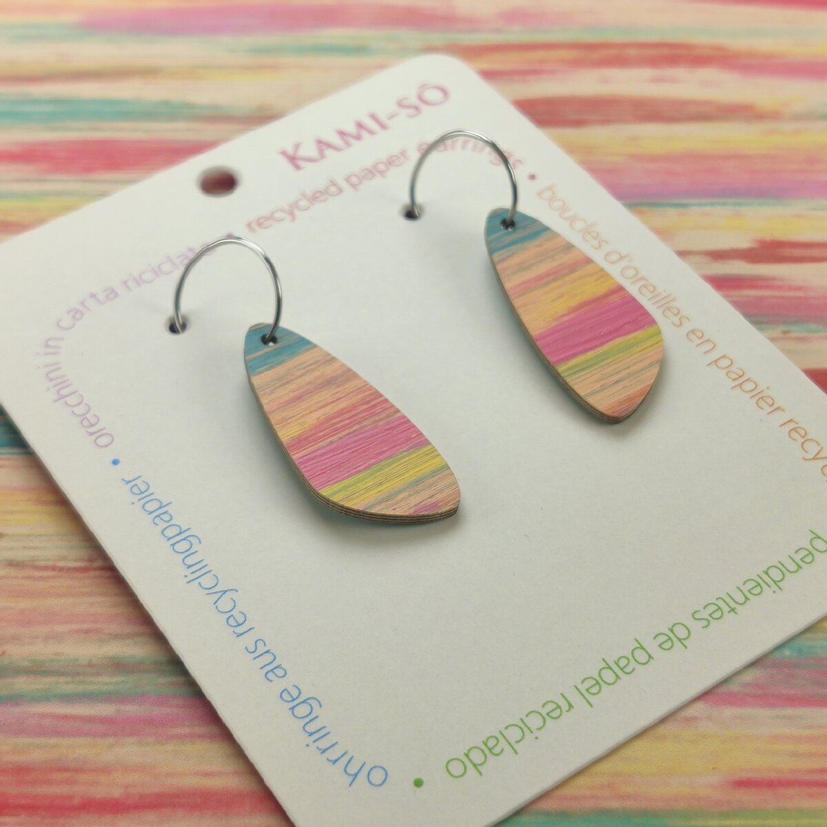 Oval Recycled Paper Earrings - Apricot, Pink & Blue