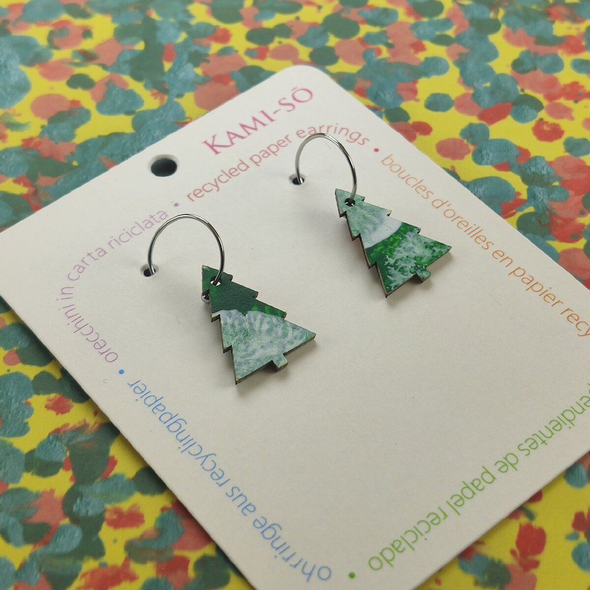 Christmas Tree Recycled Paper Earrings - Green / Yellow, Blue & Red