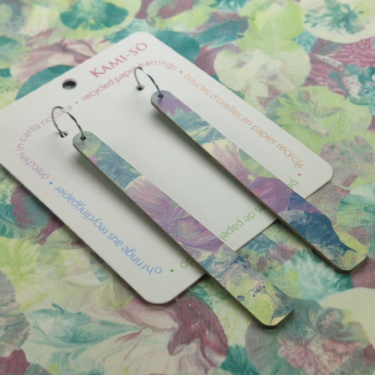 Paddle Recycled Paper Earrings - Lilac, Light Green & Blue