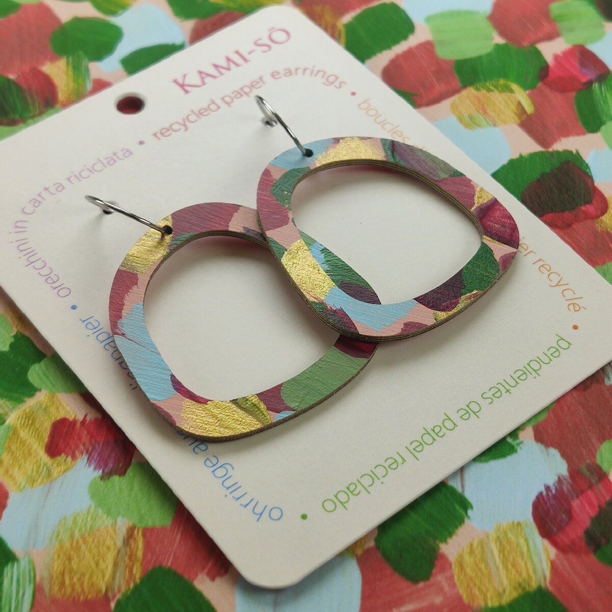 Square Recycled Paper Earrings - Plum, Blue, Green & Gold