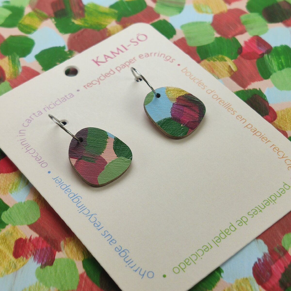 Square Recycled Paper Earrings - Plum, Blue, Green & Gold