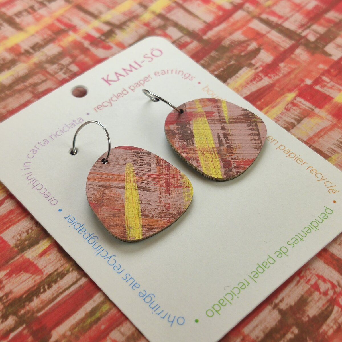 Square Recycled Paper Earrings - Brown, Maroon, Orange & Yellow