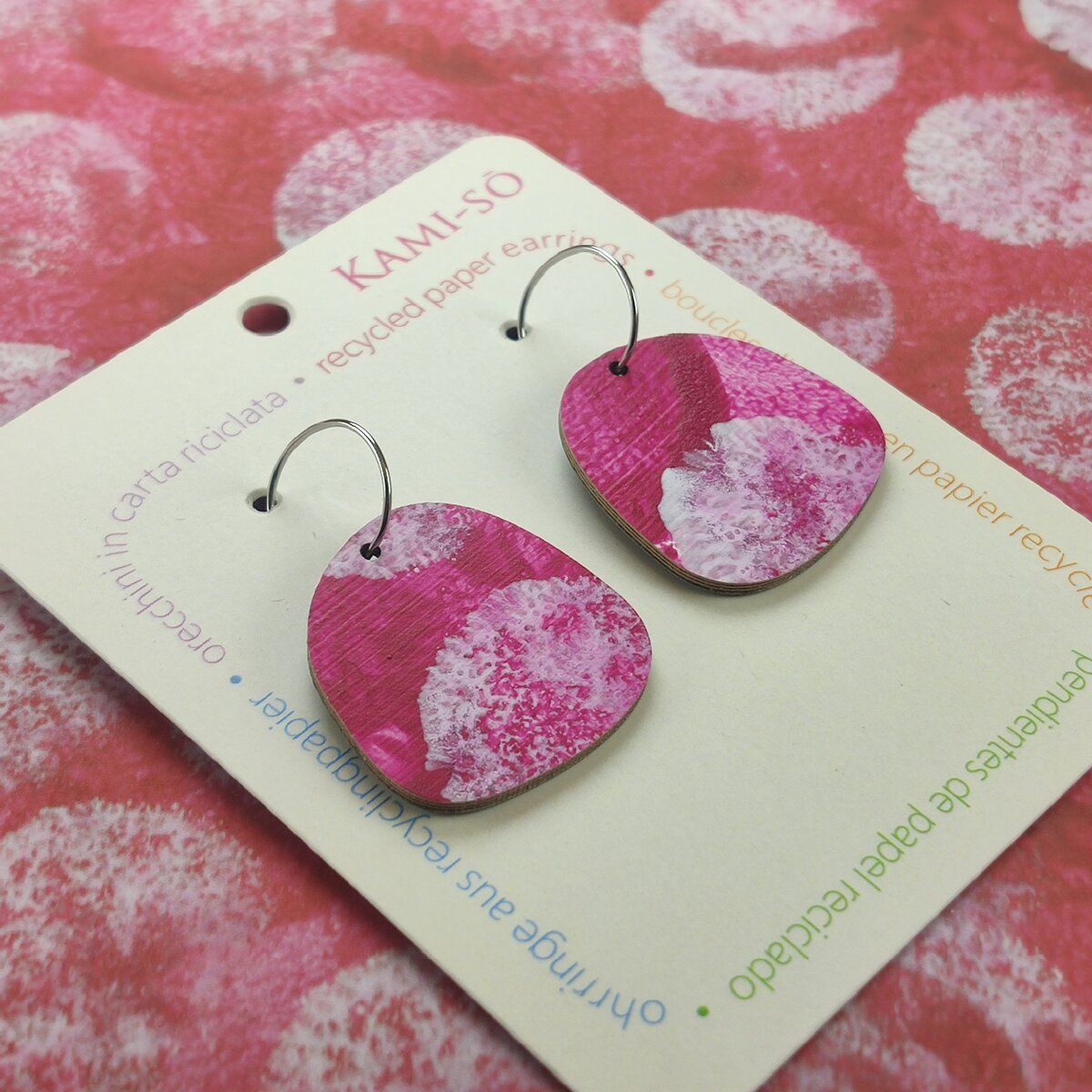 Square Recycled Paper Earrings - Magenta & White