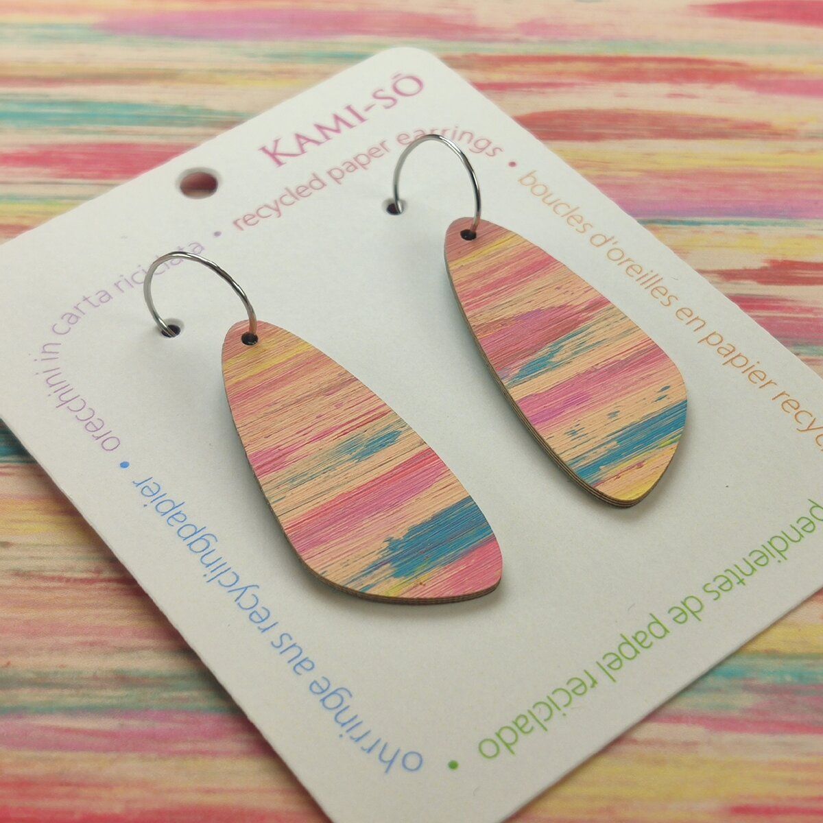 Oval Recycled Paper Earrings - Apricot, Pink & Blue
