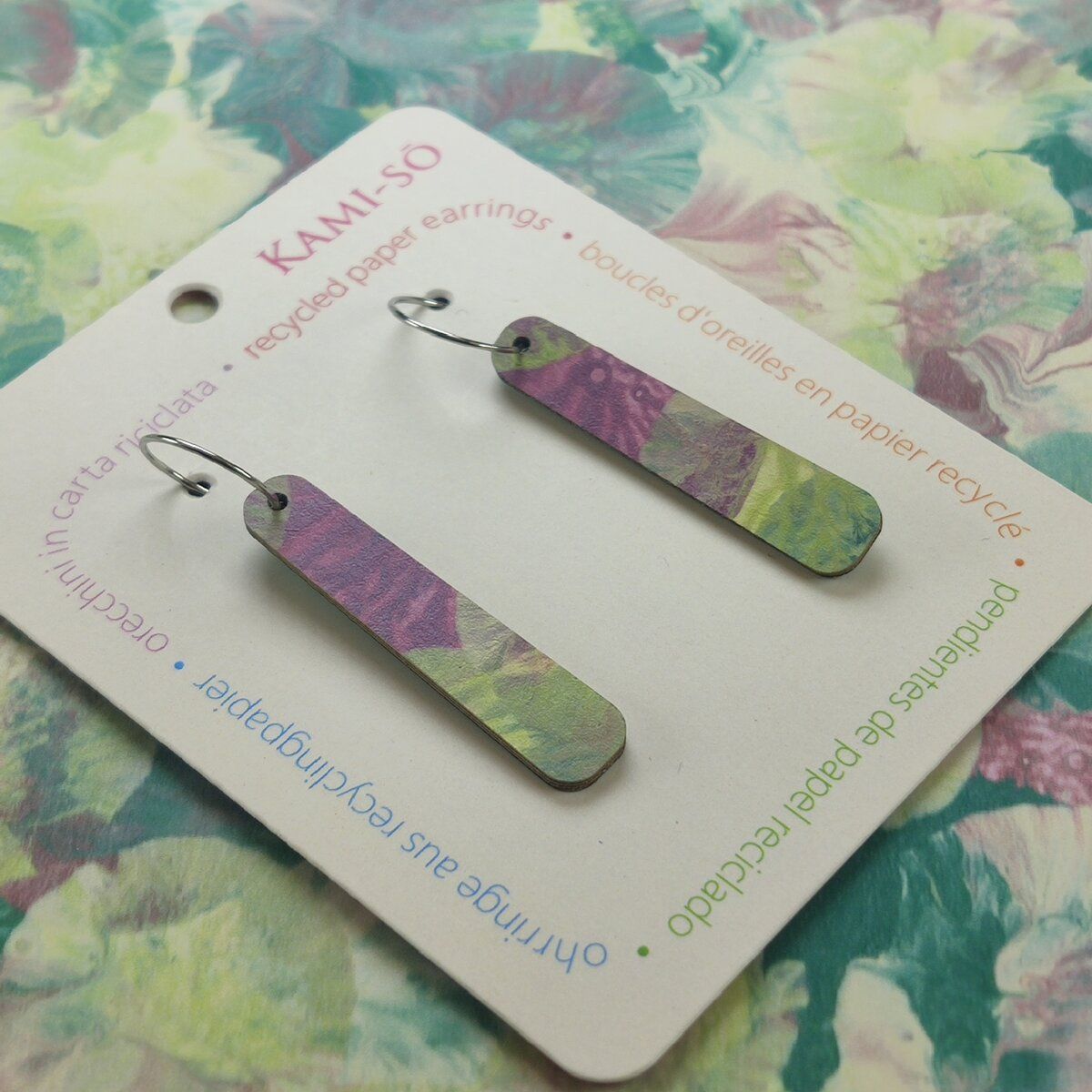 Paddle Recycled Paper Earrings - Lilac, Light Green & Blue