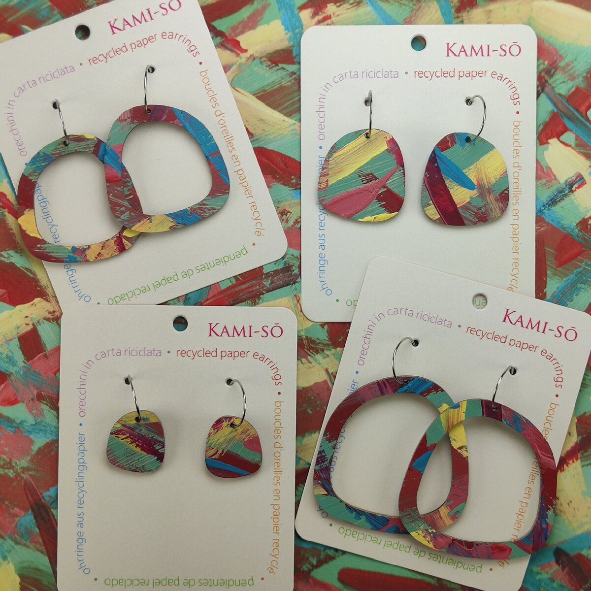 Square Recycled Paper Earrings - Green, Maroon, Blue & Yellow