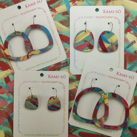 Square Recycled Paper Earrings - Green, Maroon, Blue & Yellow