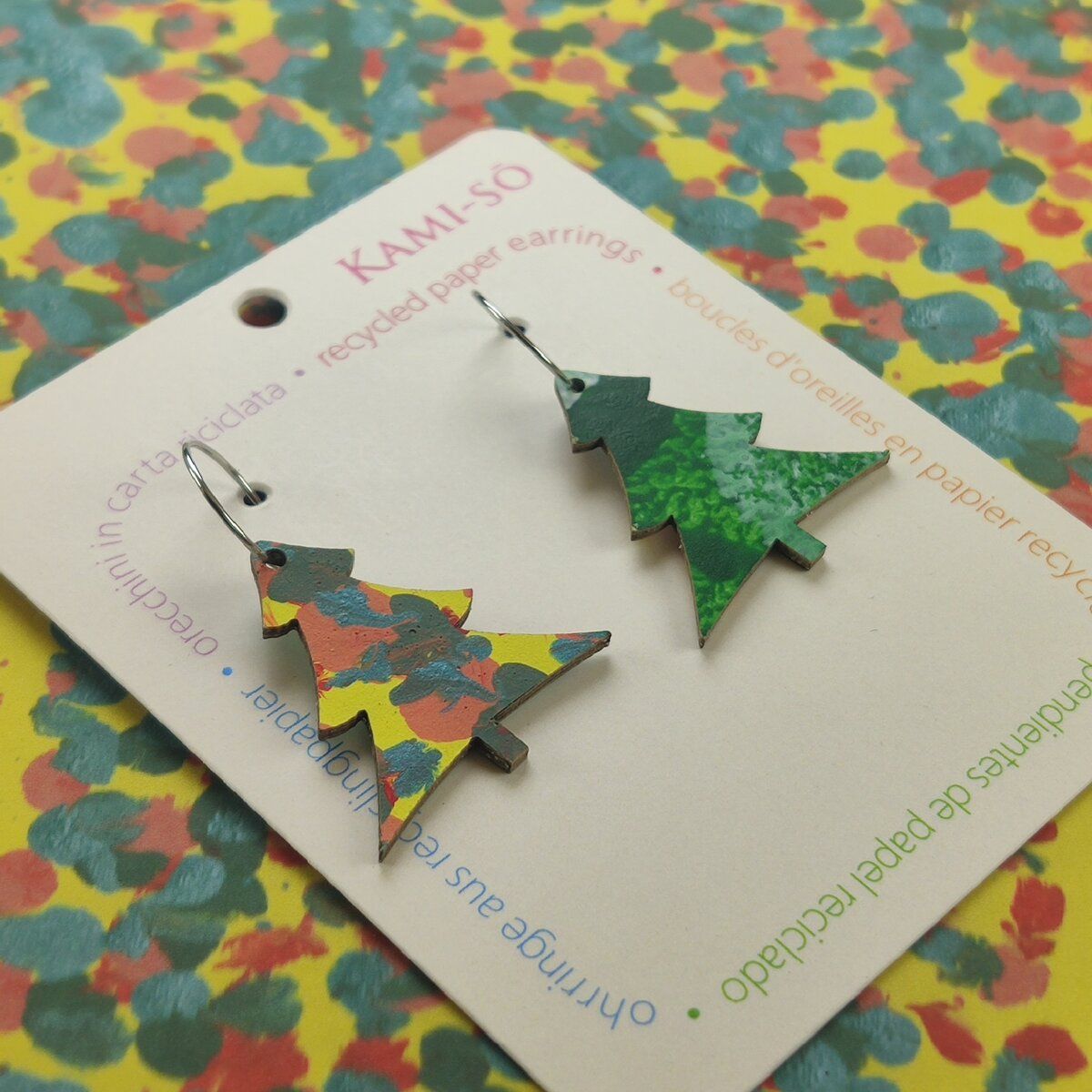 Christmas Tree Recycled Paper Earrings - Green / Yellow, Blue & Red