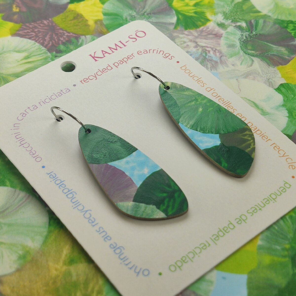 Oval Recycled Paper Earrings - Green, Plum, Blue & Gold