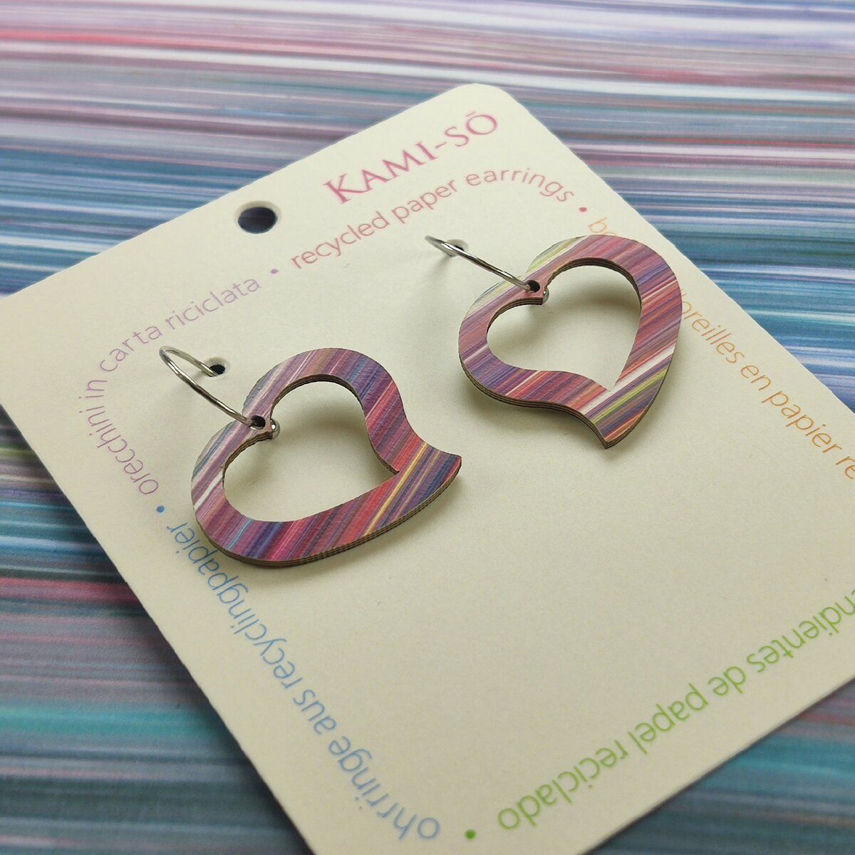 Heart Recycled Paper Earrings - Purple Stripes