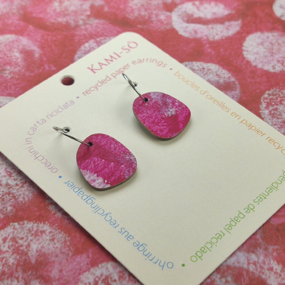 Square Recycled Paper Earrings - Magenta & White