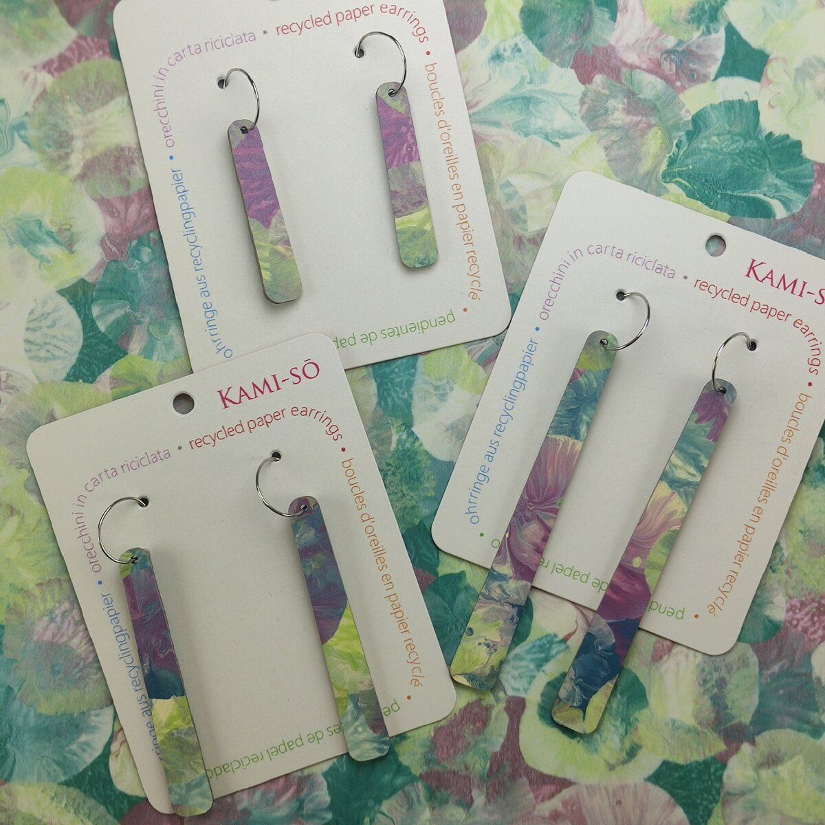 Paddle Recycled Paper Earrings - Lilac, Light Green & Blue