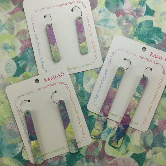 Paddle Recycled Paper Earrings - Lilac, Light Green & Blue