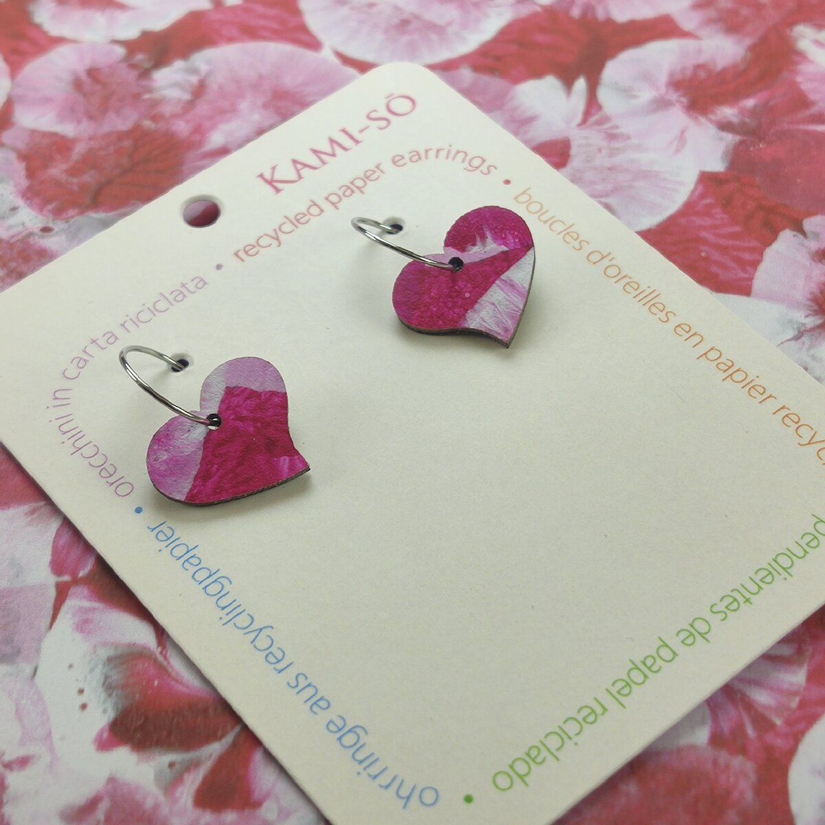Heart Recycled Paper Earrings - Magenta & White