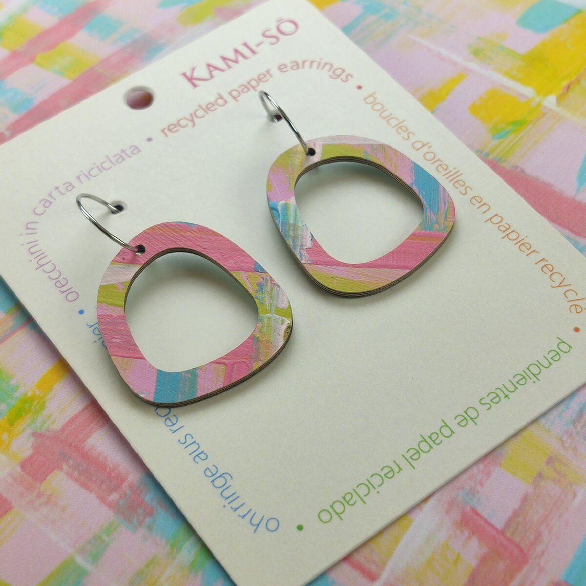 Mini Recycled Paper Earrings - Pink, Blue, Green & White