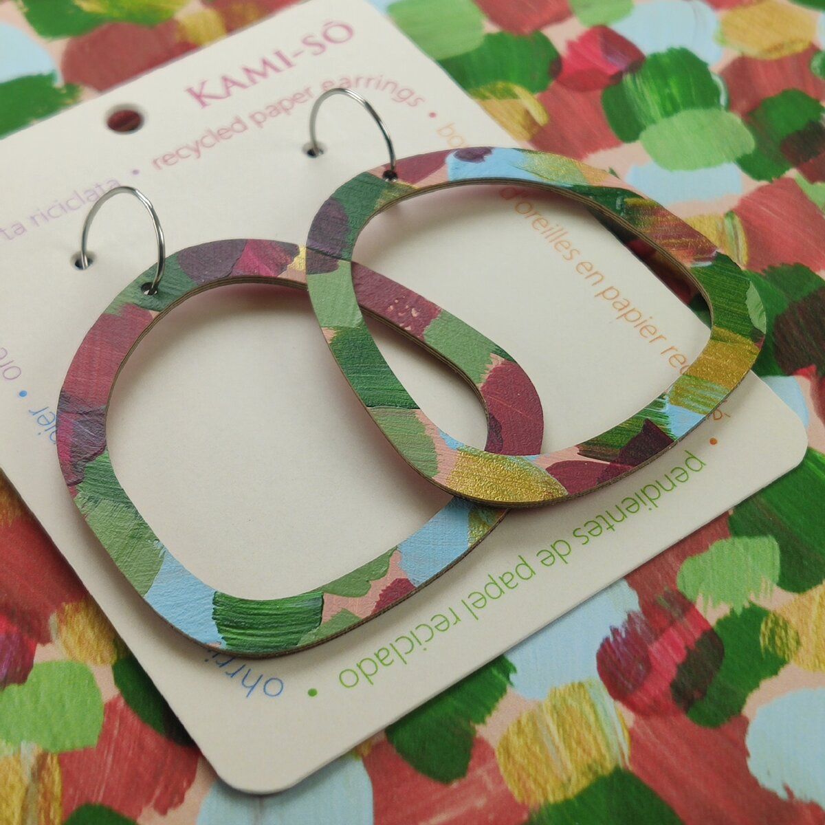 Square Recycled Paper Earrings - Plum, Blue, Green & Gold