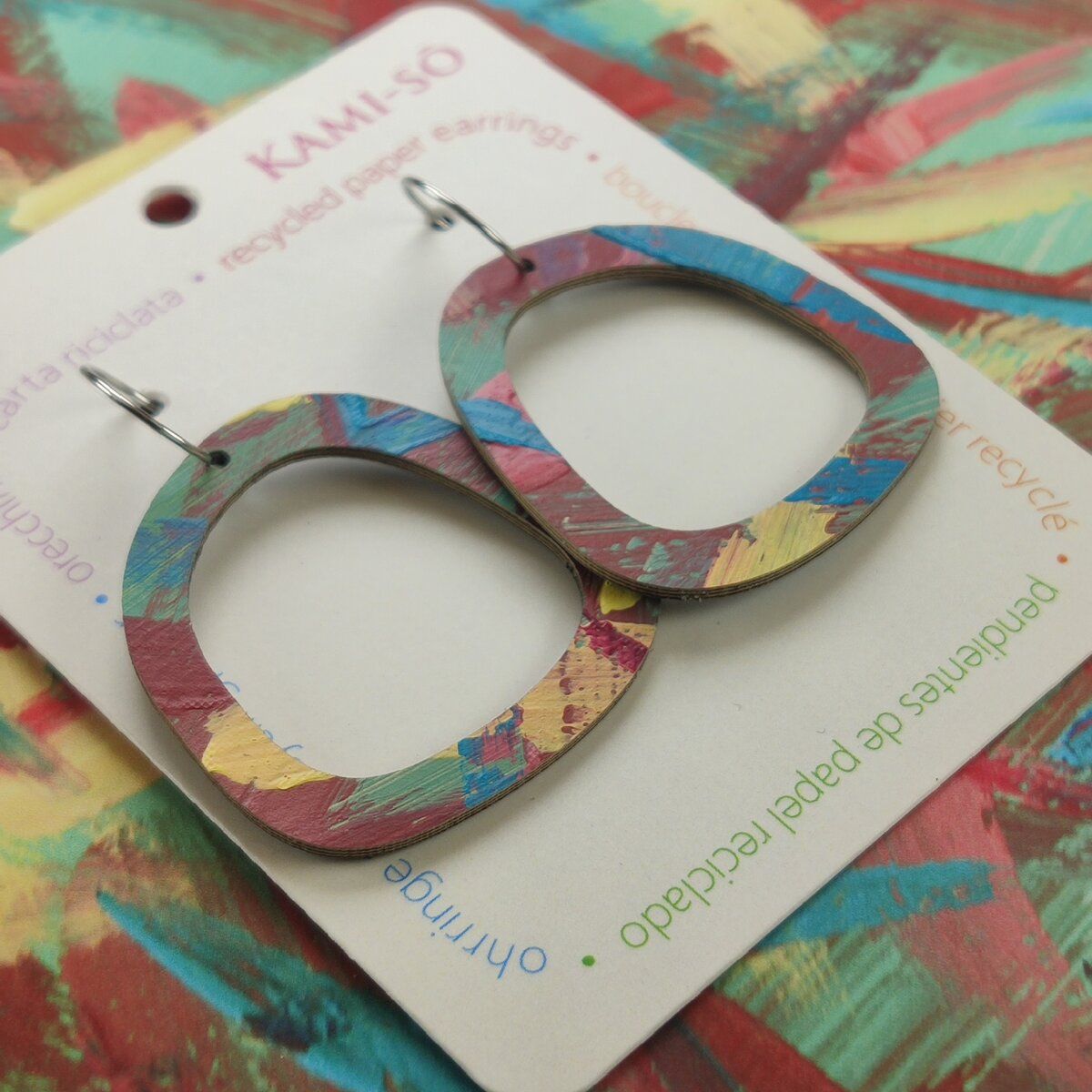 Square Recycled Paper Earrings - Green, Maroon, Blue & Yellow