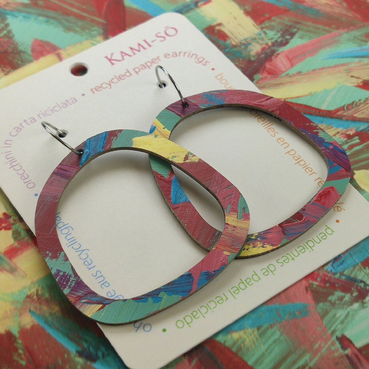 Square Recycled Paper Earrings - Green, Maroon, Blue & Yellow