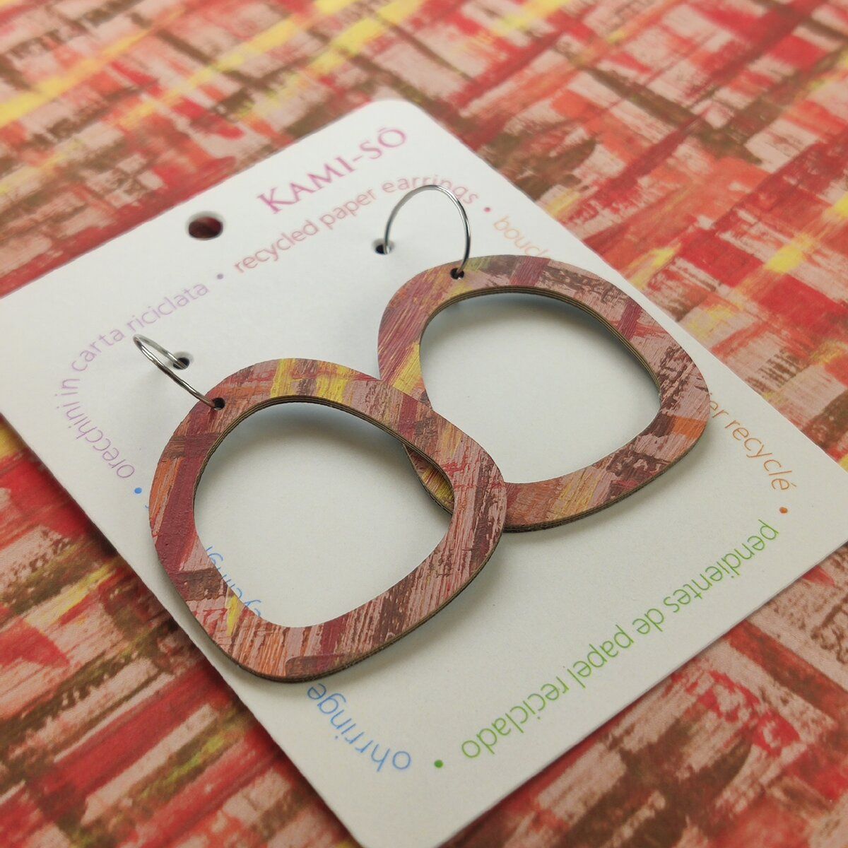 Square Recycled Paper Earrings - Brown, Maroon, Orange & Yellow