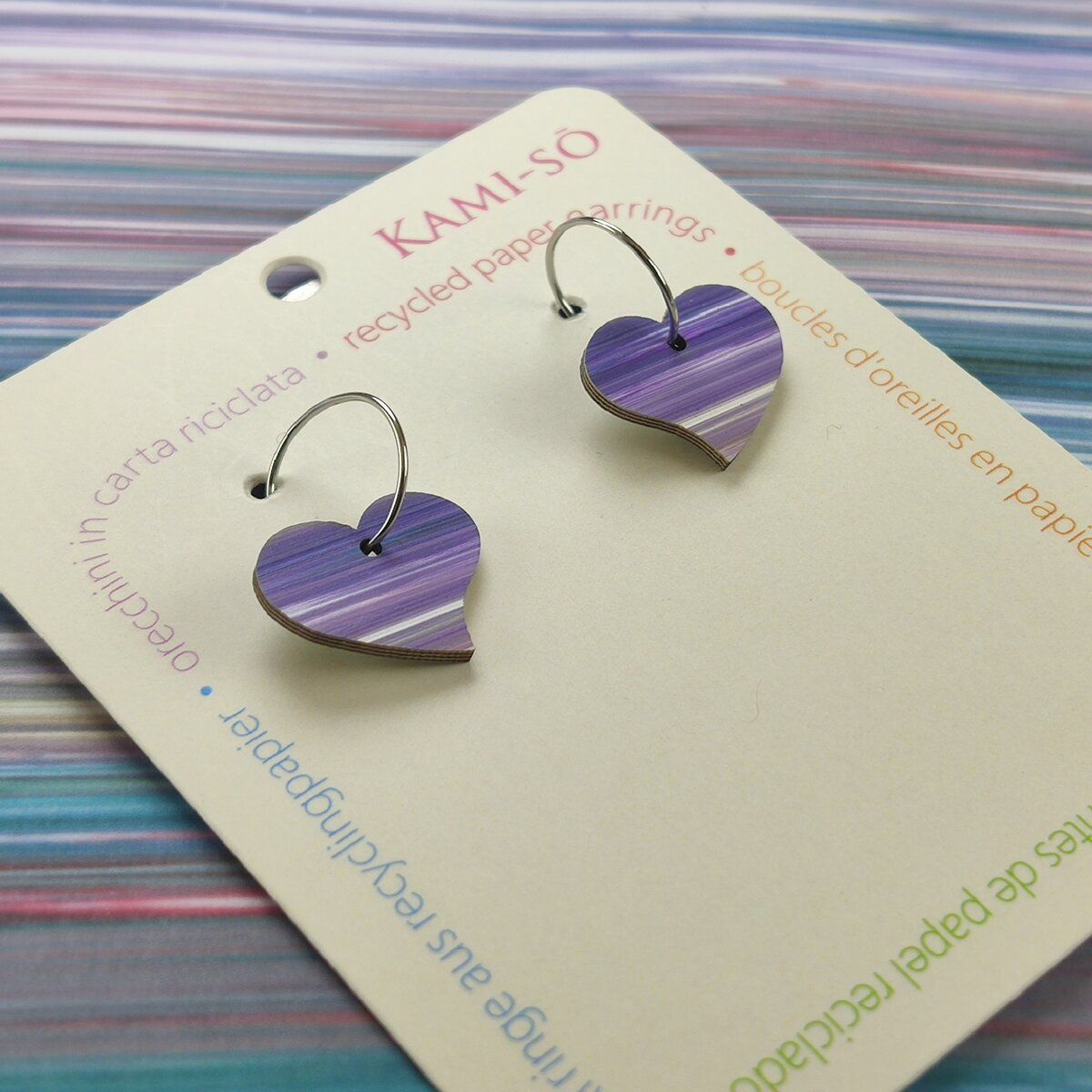 Heart Recycled Paper Earrings - Purple Stripes